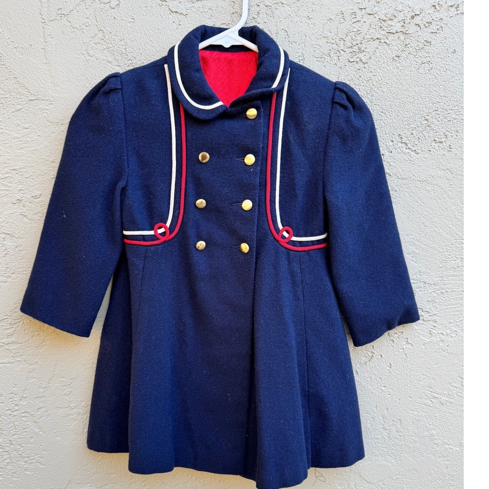 Vintage F.W. Fischer Girls Blue Nautical Pea Coat Jacket SZ 4 Preppy Wool